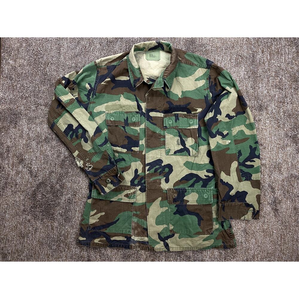 Authentic US Military Woodland Camo BDU Jacket Coat Men Medium Long Distressed